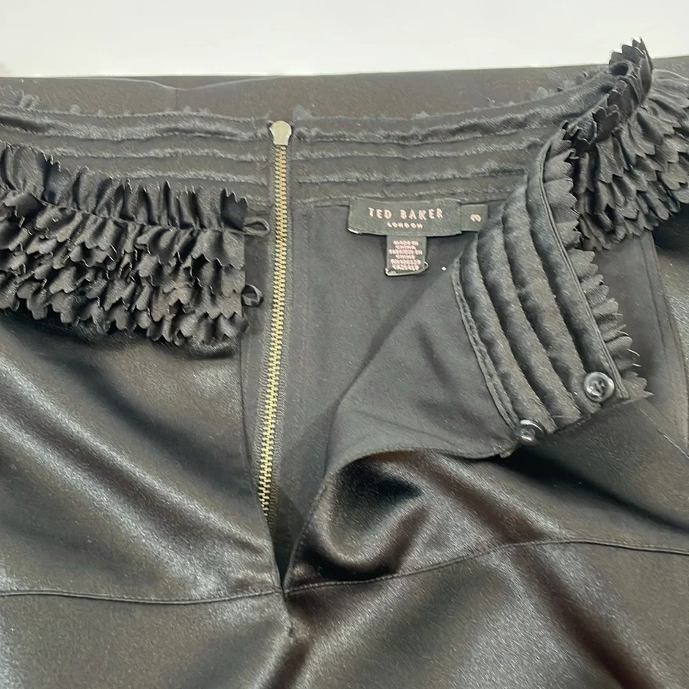 Ted Baker Dress Size 3 US8 Black Satin Cocktail Ruffle Neckline EUC